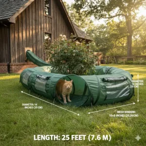 Infographic illustrating the dimensions and length of the outdoor cat tunnel, showing a cat walking comfortably inside the enclosed space.