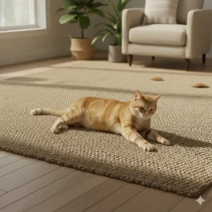 Detail of a low-pile rug texture, which prevents a cat's claws from getting easily snagged and causing pulls.