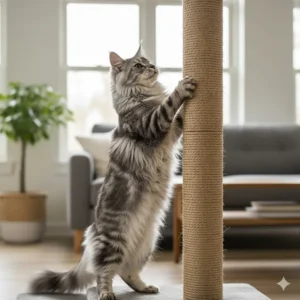 A majestic Maine Coon, a large cat, stretching vertically to scratch a tall sisal post.
