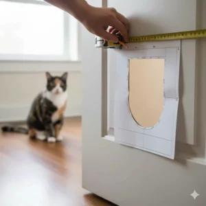A person uses a template to measure the correct cutout size for a new pet door installation on a wooden bedroom door.