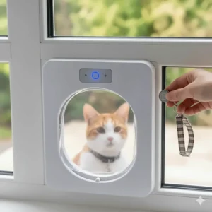 Close-up of a modern microchip window cat door showing the electronic sensor and a pet's collar tag for advanced security.