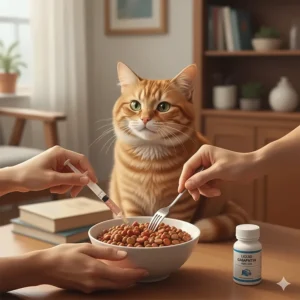 An illustration of an owner mixing the prescribed liquid gabapentin dose into a small amount of a cat's favorite wet food or treat for easier consumption.