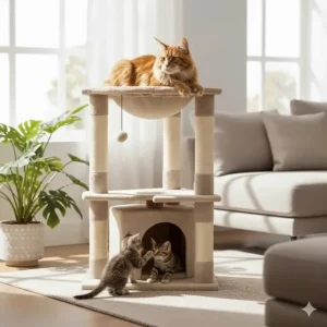 Lifestyle shot showing the attractive, modern design of the cat tree in a living room setting.