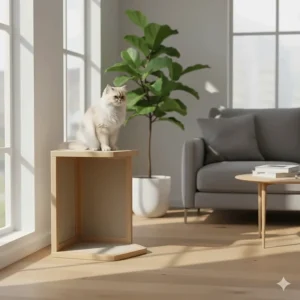 A stylish, modern corner cat scratcher with a wooden frame and neutral sisal in a living room setting.