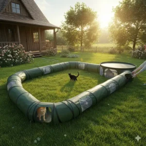 An example setup demonstrating how multiple cat tunnel outdoor sections and corner pieces can be combined to create a modular, custom pathway.