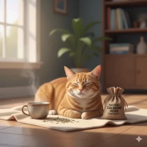 A relaxed cat near a cup of chamomile tea or a product with natural sedatives for cats, like Catnip or Valerian root, to help with grooming anxiety.