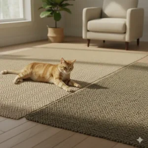 A visual comparison of natural fiber rug options like seagrass and hemp, which are tough materials for cats who scratch.