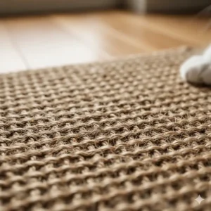 Detail shot highlighting the woven texture of the natural jute cat scratcher mat, designed to withstand heavy scratching.