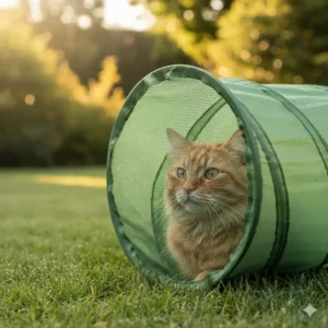 Close-up of the mesh walls of the outdoor cat tunnel showing good ventilation and visibility for the pet.