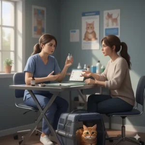 Pet owner speaking with a vet about the best and safest cat sedatives to use for their feline's challenging grooming needs.