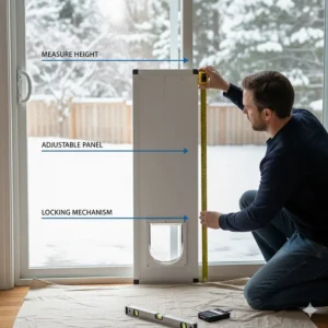 Illustration of how to measure and adjust the panel height for a sliding window door to ensure a perfect, custom fit.