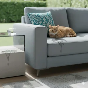 A modern couch upholstered in performance fabric like Sunbrella, an easy-to-clean and durable best couch material for cats.