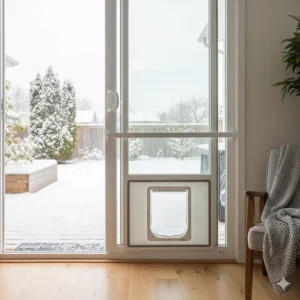 Full view of a pet door insert for a sliding patio door or window, showing how the window lock still functions above the insert.