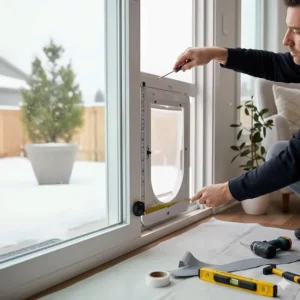 Close-up showing the easy installation process of a pet door for a sliding window, highlighting the adjustable height mechanism.