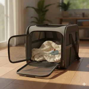 Preparing a familiar, comfortable carrier to reduce anxiety before sedating a cat at home for travel or a vet trip.