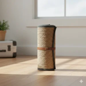 A photo showing a lightweight portable cat scratcher rug rolled up, ideal for travel or moving to a new room.