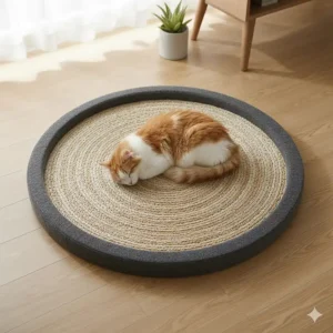 A top-down view of a unique round designer cat scratcher rug that doubles as a comfortable lounging spot.