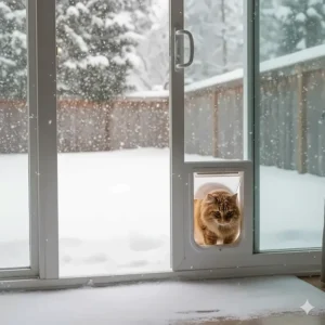 Exterior view of the safe cat door in use during snowy weather, proving its durability and effective insulation against the elements.