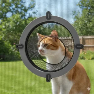 A smaller cat door or pet flap installed directly into a window screen, offering an economical and easy-to-install option for feline access.