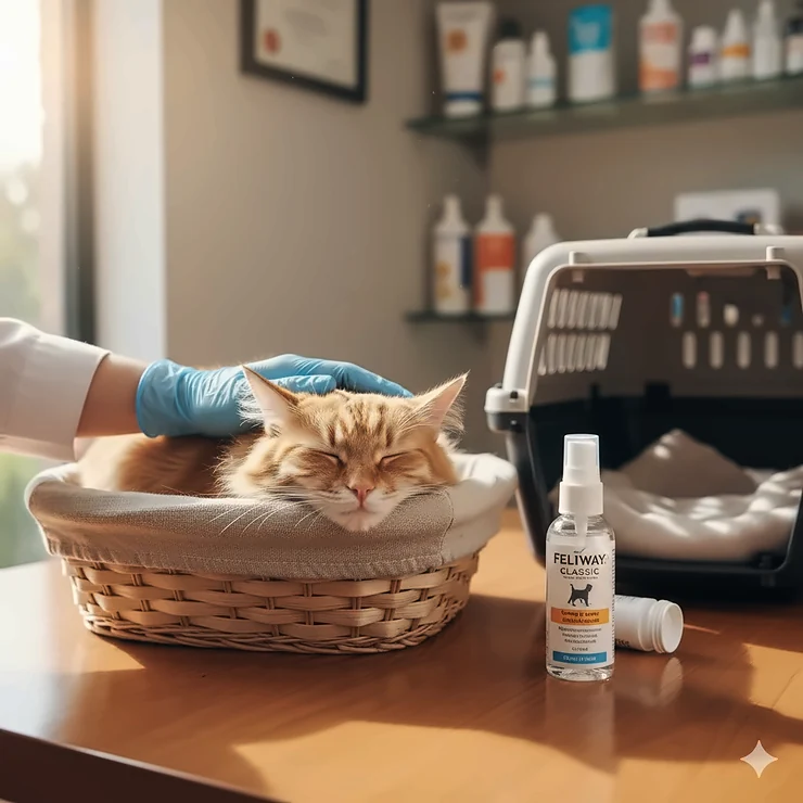 Sedatives for cats on a veterinarian's table to help with anxiety and stress during travel or procedures.