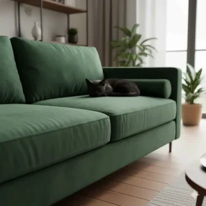 Image of a short-pile velvet sofa, a surprising but highly-rated couch material for cats because its lack of weave prevents snagging.