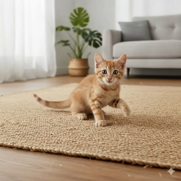 A close-up view of a large, durable sisal cat scratcher rug providing a natural scratching surface for an active kitten.