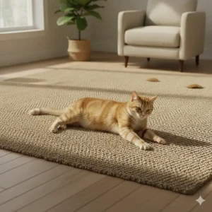 An unconventional cat scratching post alternative, a natural fiber sisal rug, which is sturdy and cat-approved for scratching.