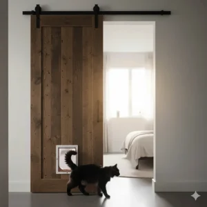 An aesthetic interior sliding barn door for a bedroom featuring a discreet, brown cat door opening near the floor.