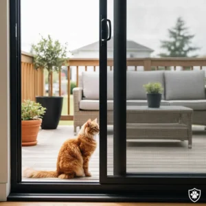 A functional image of a sliding cat proof patio screen door system, commonly used for high-traffic areas and back decks.