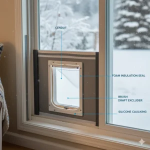 Diagram or illustration of the draft-proofing and weatherstripping components used to seal the cat door for the sliding window panel.
