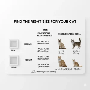 Sizing chart graphic to help pet owners choose the correct dimensions for a small cat door in a window screen.