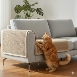Image demonstrating the use of a cat scratch mat strategically placed to protect the corner of a living room sofa.