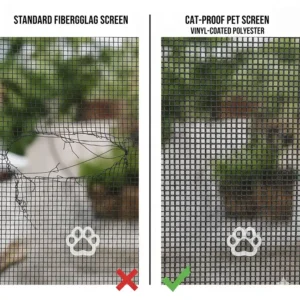 A visual comparison chart showing the difference between standard fiberglass screen mesh and the much thicker, cat-proof screen door material.