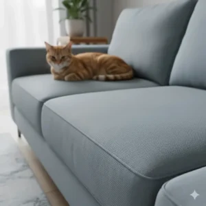 Example of a tight-weave fabric sofa, which is a key characteristic of the best couch material for cats to prevent claw damage.