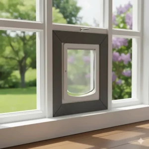 Close-up of a vertical cat door installed in a single-hung window opening, showing the security pin and weather stripping.