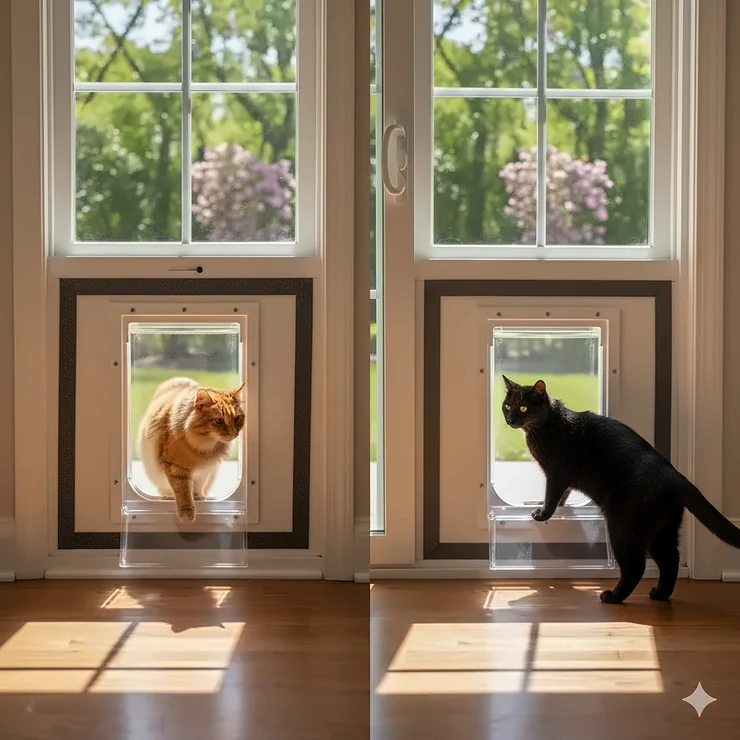 A side-by-side comparison of a vertical sliding window cat door and a horizontal sliding window cat door installed in their respective frames, illustrating the difference in mounting style. vertical vs horizontal window cat doors