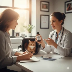 A veterinarian discussing the safe use, dosage, and prescription of liquid gabapentin for a cat with the owner, stressing the importance of professional guidance.