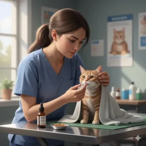 A veterinarian administering an oral cat sedative like Gabapentin to a nervous cat before a necessary grooming session.
