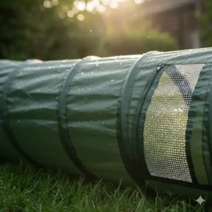 Detail shot of the durable, weatherproof fabric of the outdoor cat tunnel, emphasizing its resistance to rain and sun exposure.