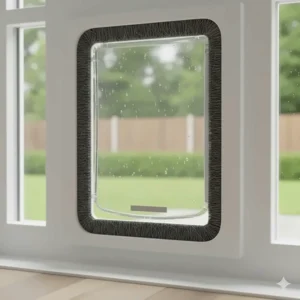 Detailed view of a weatherproof cat door flap with brush weatherstripping and a magnetic closure to improve home insulation.