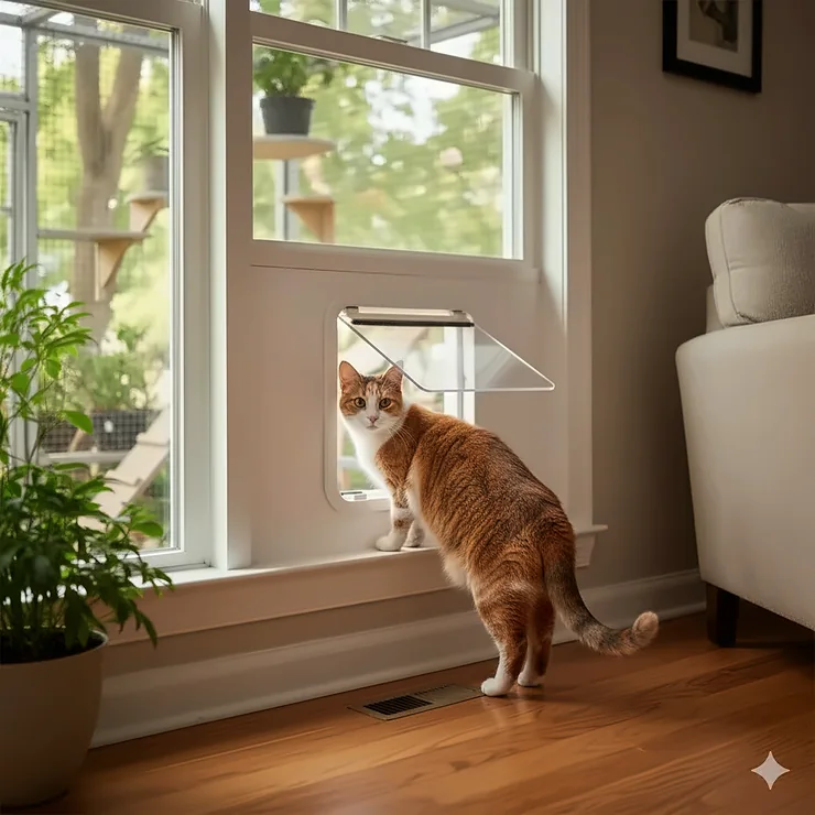 Window cat door insert installed in a white sash window, showing a happy cat using the pet flap to access an outdoor catio. window cat doors
