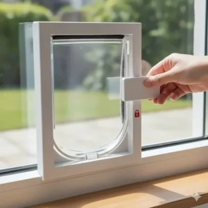 Image showing the interior locking mechanism or panel on a window cat door insert for securing the window when the cat flap is not in use.