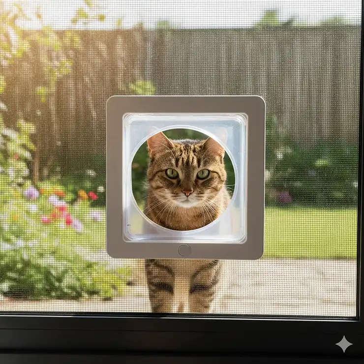 Detailed illustration showing the magnetic closure and durable flap mechanism of the cat door designed for window screens.