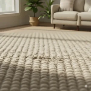 Image demonstrating a high-quality, tightly looped wool rug that is less likely to show visible scratch damage from cats than loose-pile options.
