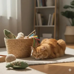 A small, accessible basket full of soft, lightweight toys situated in a favorite, cozy spot, creating a play-friendly environment for older cats.