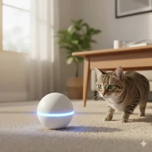 An interactive automatic rolling ball cat toy with LED lights moving across a carpet.