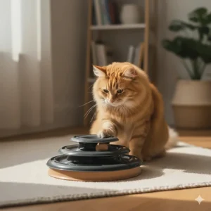 A durable, circular ball-and-track toy, a safe and fun way to provide independent mental stimulation for older cats without requiring too much physical exertion.