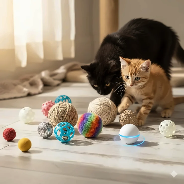 A variety of colorful ball cat toys including sisal, bell, and plush styles on a wooden floor.