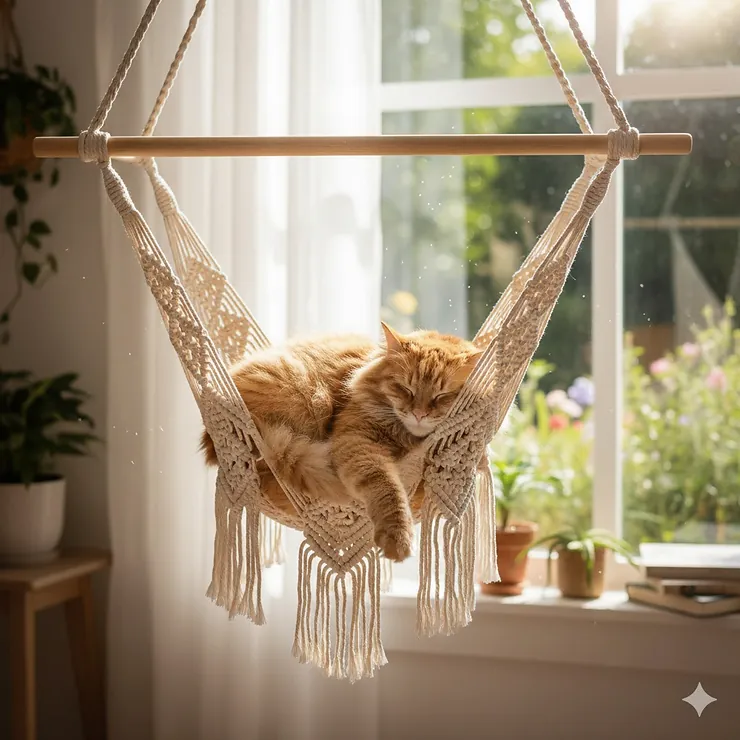 A fluffy ginger cat napping in a cream-colored macrame cat hammock hanging near a sunny window.