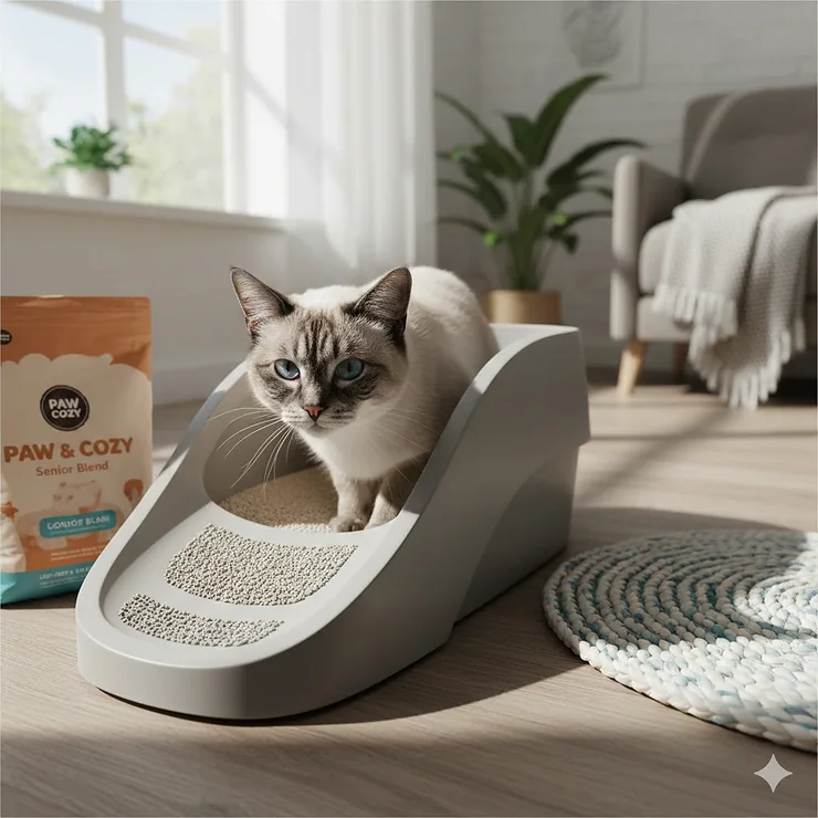A senior Siamese cat comfortably entering a low-entry litter box filled with dust-free cat litter. cat litter for senior cats
